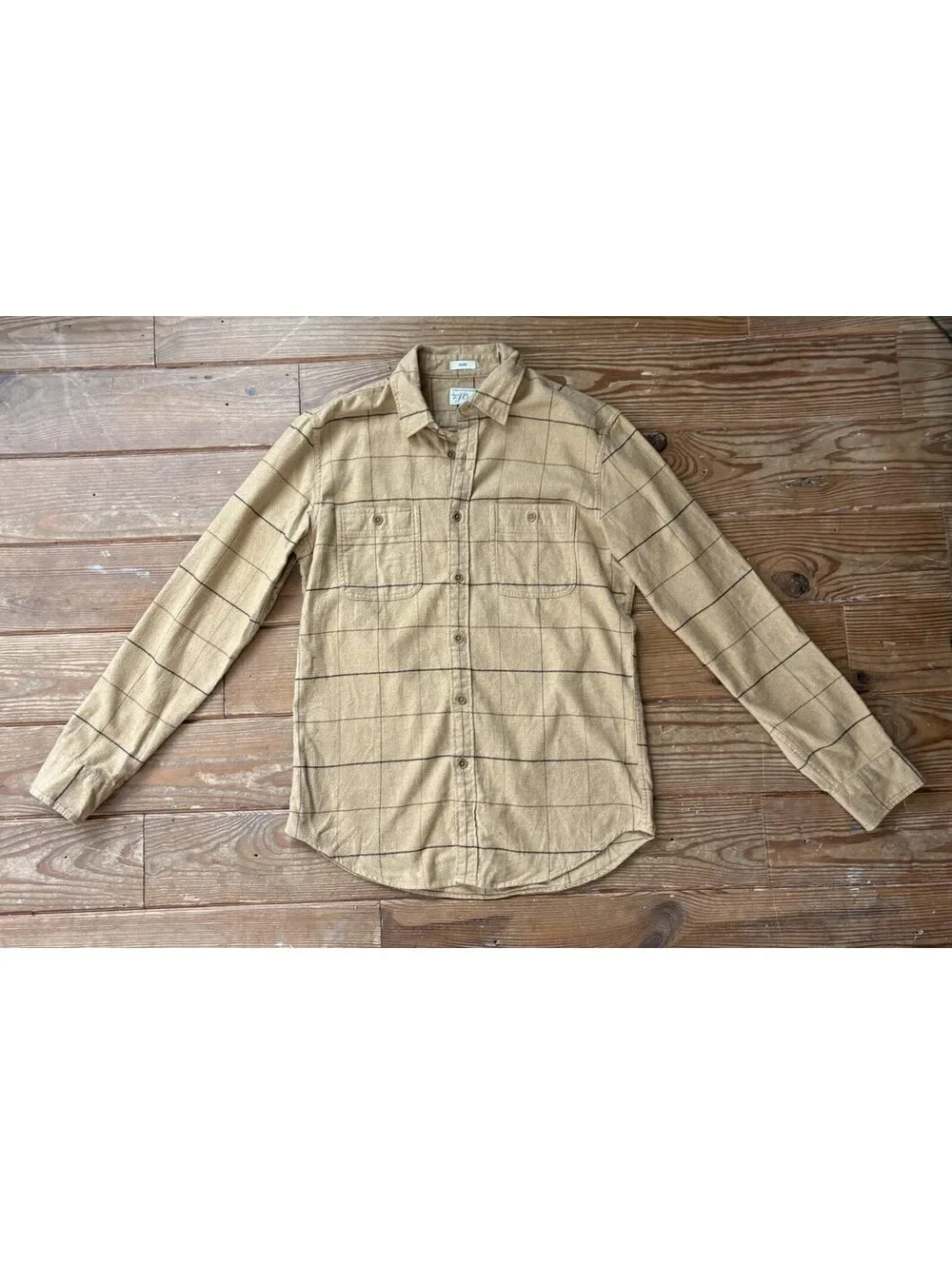 J.Crew Men's Slim Fit Windowpane Plaid Cotton Button Up Shirt Tan Size M